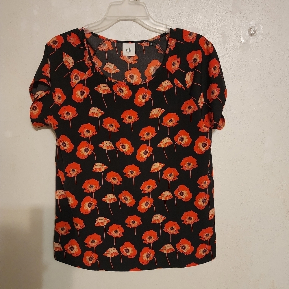 Cabi Flanders Poppy Black Red Floral Short Sleeve Blouse Size S